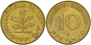 ФРГ 10 пфеннигов 1991 D J. 383, KM 108 сталь плакированная латунью    4603-633