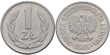 Польша 1 злотый 1965 MW KM 49.1, Parchimowicz 213b алюминий 4141-342