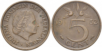 НИДЕРЛАНДЫ 5 ЦЕНТОВ 1952 ЮЛИАНА KM 181 бронза 214-766