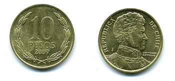 ЧИЛИ 10 ПЕСО 2009 ГЕНЕРАЛ БЕРНАРДО О ХИГГИНС KM 228.2 никель-бронза 37-744