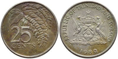 Тринидад и Тобаго 25 центов 1980 цветок дикая пуансеттия KM 32 медно-никель 4396-749