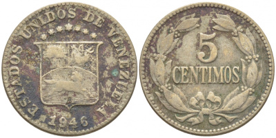 Венесуэла 5 сентимо 1946 р KM 29а медно-никель 112-311