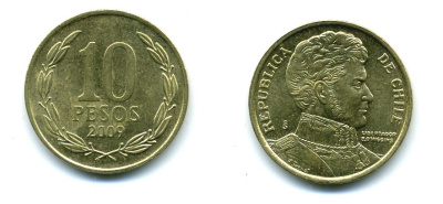 ЧИЛИ 10 ПЕСО 2009 ГЕНЕРАЛ БЕРНАРДО О ХИГГИНС KM 228.2 никель-бронза 37-744