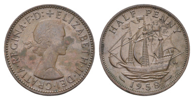 Великобритания 1/2 пенни 1958 Елизавета II (1952-2022) KM 896, Spink 4158 бронза    4660-637