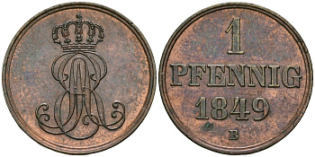 Ганновер 1 пфенниг 1849 B, Эрнст Август (1837-1851) KM 201.1, AKS 129, J. 74 медь 4608-1044