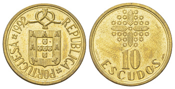 Португалия 10 эскудо 1992 KM 633 никель латунь UNC 4628-1015