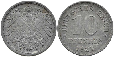 ГЕРМАНИЯ 10 ПФЕННИГОВ 1921 KM 26, J. 299 цинк 4401-157