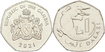 Гамбия 1 даласи 2021 крокодил KM 59 a никелированная сталь  UNC  M27-20