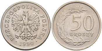 ПОЛЬША 50 ГРОШЕЙ 1990 MW KM 281 медно-никель 4516-563