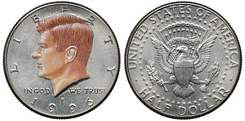 США 50 центов = 1/2 доллара 1996 Р, Президент Джон Кеннеди, цветная эмаль KM A202b медь плакированная медно-никелем UNC 01-107-11