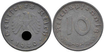 ГЕРМАНИЯ 10 РЕЙХСПФЕННИГОВ 1940 D KM 101, J. 371 цинк 4401-837