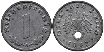 ГЕРМАНИЯ 1 РЕЙХСПФЕННИГ 1942 A KM 97, J.369 цинк 96-735