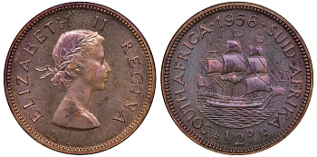 Южная Африка 1/2 пенни 1956 Елизавета II, парусник KM 45 бронза PROOF 1528-922