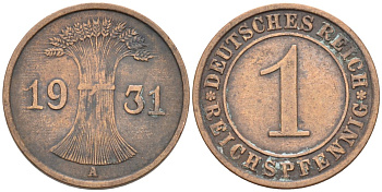 Германия 1 рейхспфенниг 1931 А KM 37, J.313 бронза 4576-841