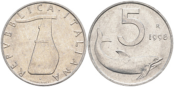 Италия 5 лир 1998 R, дельфин KM 92 алюминий  UNC  4594-819