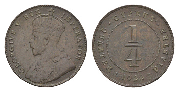Кипр 1/4 пиастра 1922 Георг V (1910-1936), редкий год, тираж 72.000 экземпляров KM 16 бронза 4127-1133