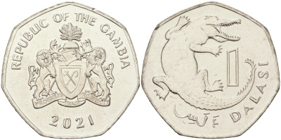 Гамбия 1 даласи 2021 крокодил KM 59 a никелированная сталь  UNC  M27-20