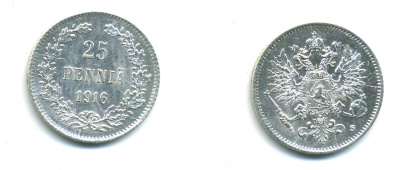 Россия для Финляндии 25 пенни 1916 S, Николай II (1894-1917) KM 6.2, Биткин 421 серебро 4383-125