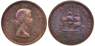 Южная Африка 1/2 пенни 1956 Елизавета II, парусник KM 45 бронза PROOF 1528-922