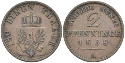 Пруссия 2 пфеннига 1868 A, Вильгельм I (1861-1888) KM 481, Jaeger 51, AKS 107, Olding 425 медь   31-625