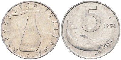 Италия 5 лир 1998 R, дельфин KM 92 алюминий  UNC  4594-819
