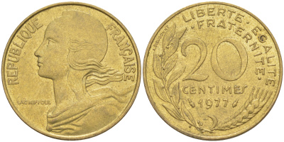 Франция 20 сантимов 1977 тип Marianne KM 930, Le Franc 156.17 медь алюминий никель 4513-333