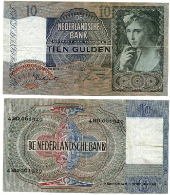 Нидерланды 10 гульденов 1941 красавица постушка, серия 4 BD Pick 56 b, Akkermans 31.2 бумага 00-00