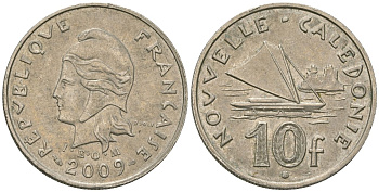 Французская Новая Каледония 10 франков 2009 рыбачья парусная лодка, (IEOM) KM 11a, Schoen 13a, Lec 99k медно-никель 60-1222