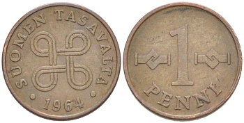 Финляндия 1 пенни 1964 KM 44 медь 218-1261