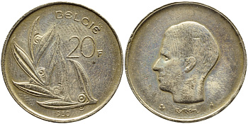 БЕЛЬГИЯ 20 ФРАНКОВ 1980 BELGIE, БОДУЭН I (1951-1993) KM 160 никель бронза 91-146
