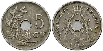 БЕЛЬГИЯ 5 САНТИМОВ 1914 BELGIE, АЛЬБЕРТ I (1909-1934) KM 67 медно-никель 4548-1255