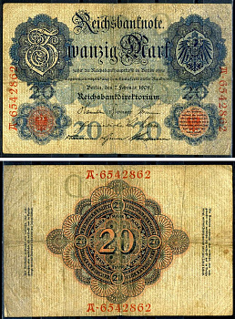 Германия 20 марок 1910 7 значный номер, серия A Pick 48 b бумага 8617-33-1-2