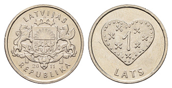 Латвия 1 лат 2011 Пряничное сердце KM 127 медно-никель UNC 4679-357