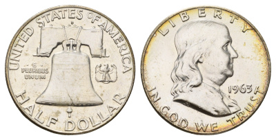 США 1/2 доллара (50 центов) 1963 D, Бенджамин Франклин, колокол KM 199 серебро aUNC 1527-533