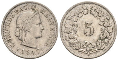 Швейцария 5 раппенов 1947 В KM 26 медно-никель 4576-927