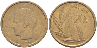 Бельгия 20 франков 1981 Belgie, Бодуэн I (1951-1993) KM 160 никель бронза 115-734