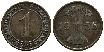 ГЕРМАНИЯ 1 РЕЙХСПФЕННИГ 1936 A KM 37, J. 313 бронза 220-163