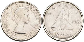 Канада 10 центов 1959 парусник, Елизавета II (1952-) KM 61 серебро 4580-348