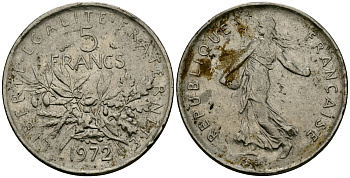 Франция 5 франков 1972 сеятель KM 926a.1, Le Franc 341.3 медно-никель плакированный никелем 4120-1236