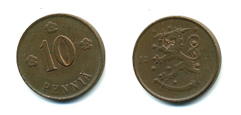 Финляндия 10 пенни 1921 республика (1918-1962) KM 24 медь 46-129