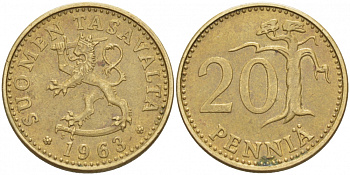 ФИНЛЯНДИЯ 20 ПЕННИ 1963 S KM 47 алюминиевая бронза 3996-647