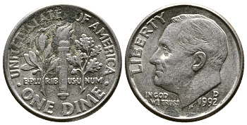 США 10 ЦЕНТОВ = 1 ДАЙМ 1992 D, РУЗВЕЛЬТ KM 195а медь плакированная медно-никелем 57-1244