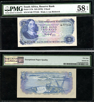 ЮАР 2 ранда ND (1976) Бартоломеус Вермуйден, ГЭС Гариеп, африкаанс-английский, в слабе PMG 58 Choice About Uncirculated Pick 117 b бумага  aUNC  452-1-24