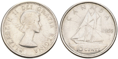 Канада 10 центов 1959 парусник, Елизавета II (1952-) KM 61 серебро 4580-348
