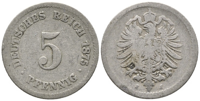 ГЕРМАНИЯ 5 ПФЕННИГОВ 1875 J, СТАРОГЕРБОВКА KM 3, J. 3 медно-никель 39-352