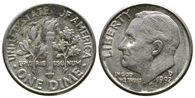 США 10 ЦЕНТОВ = 1 ДАЙМ 1992 D, РУЗВЕЛЬТ KM 195а медь плакированная медно-никелем 57-1244