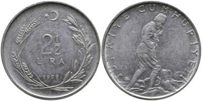 ТУРЦИЯ 2 1/2 ЛИРЫ 1978 KM 893.2 нержавеющая сталь 29-716