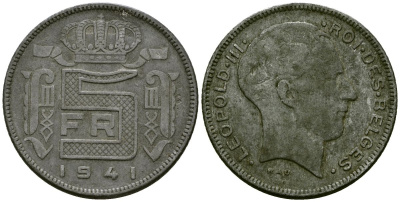 Бельгия 5 франков 1941 Belges, германская оккупация, Вторая мировая война KM 129.1 цинк 4176-1253