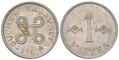 Финляндия 1 марка 1960 KM 36a сталь плакированная железом 4173-1257