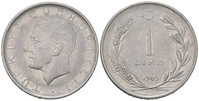 Турция 1 лира 1965 Мустафа Кемаль Ататюрк KM 889a.1 нержавеющая сталь 4584-443
